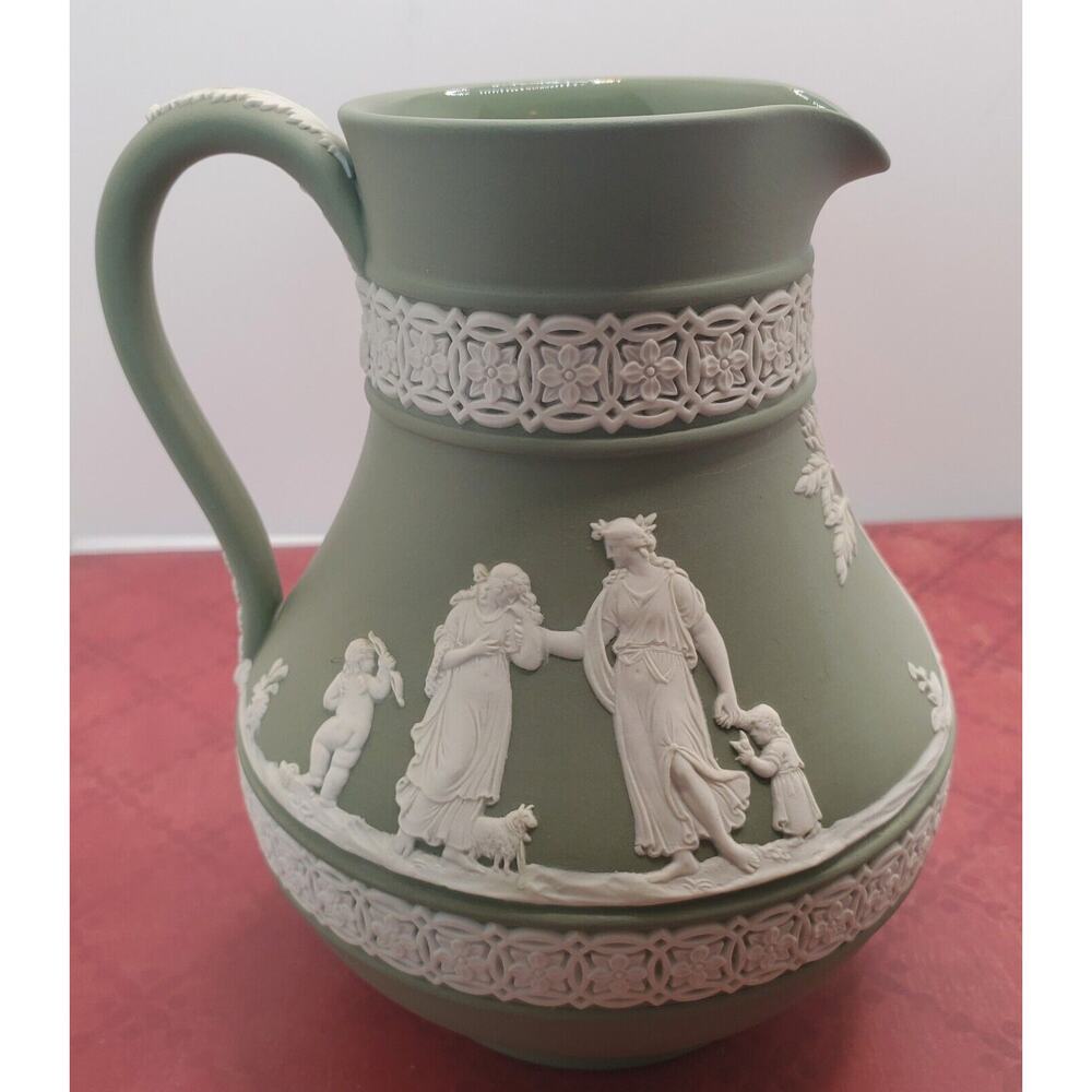 Wedgewood Celadon Green Cream Jasperware Etruscan Jug Pitcher Pristine 5.5"